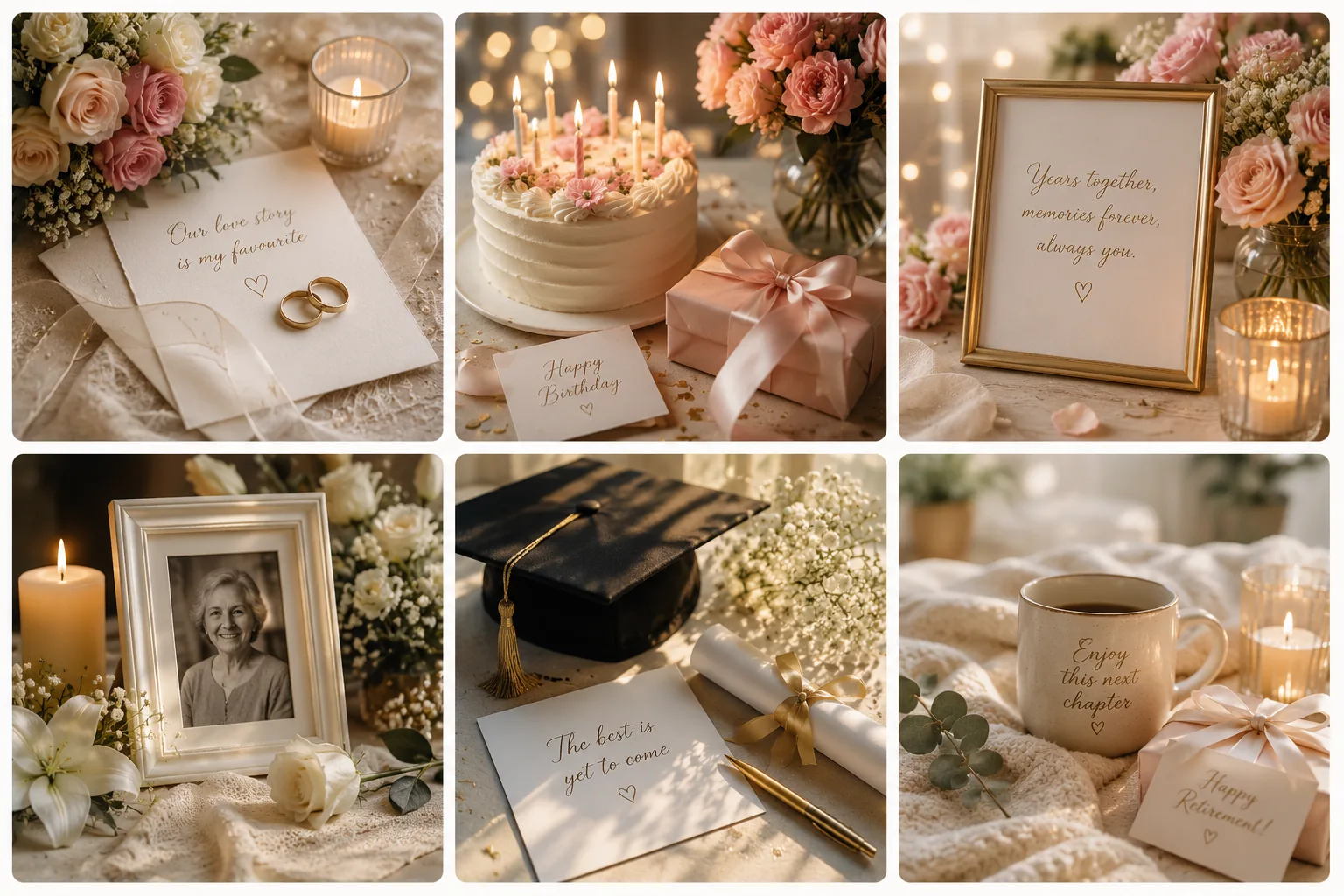 A collage of milestone moments — weddings, birthdays, anniversaries, memorials, pet memorials, graduations and retirements